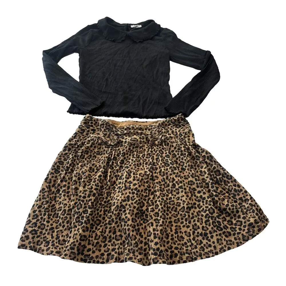 J.Crew Crewcuts Girls XL 12/14 Blouse Leopard Corduroy Skirt Set Bow Accents